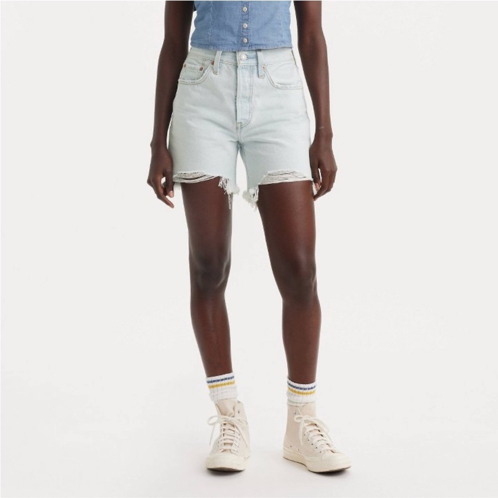 Levi's Light Wash Blue Distressed High-Rise Denim Shorts